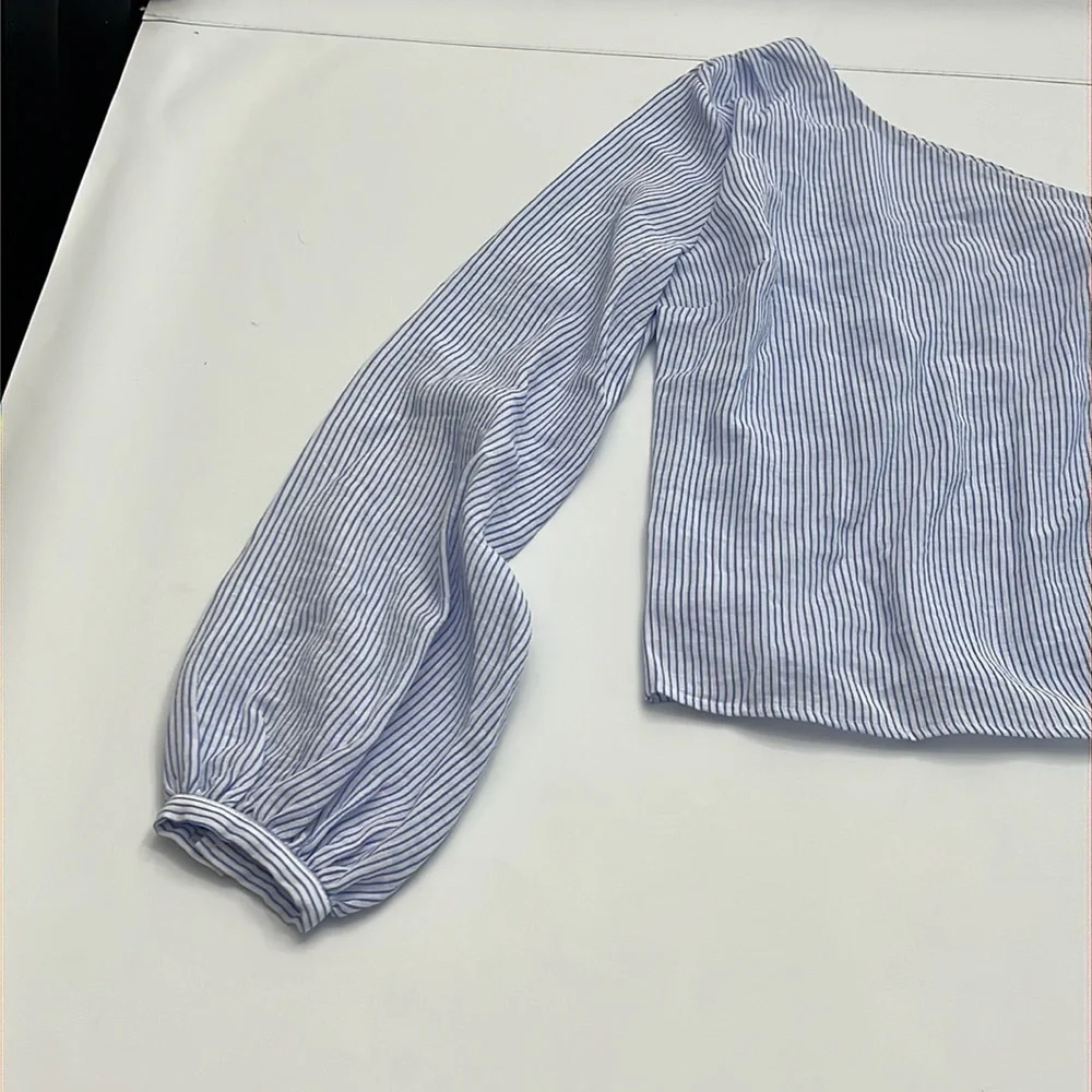 L’ Academie romantic sleeve blue & white pinstripe shirt size S - Picture 6 of 16
